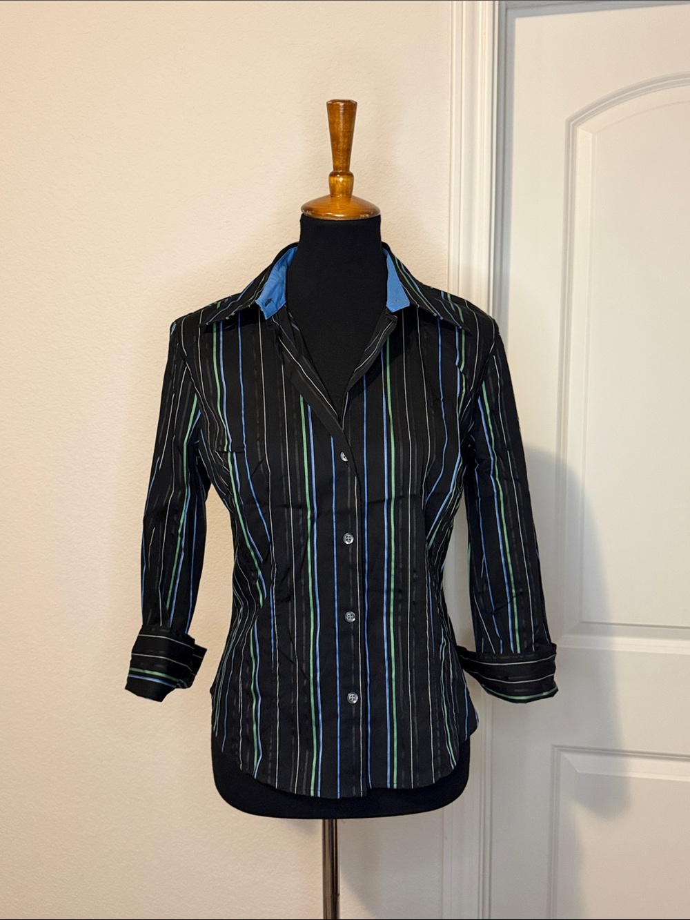 New York & Company Black Button-Down Shirt with Blue and Green Stripes